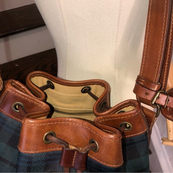 RALPH LAUREN Black Watch Plaid LRG Leather Canvas Drawstring Bucket Shoulder Bag - Picture 9 of 17